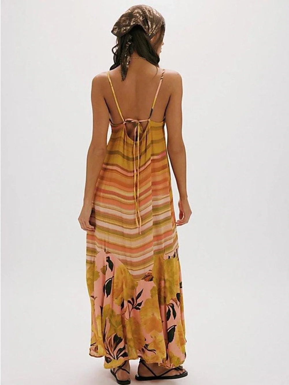 Free People Striped Floral Maxi Dress in Mustard and Pink